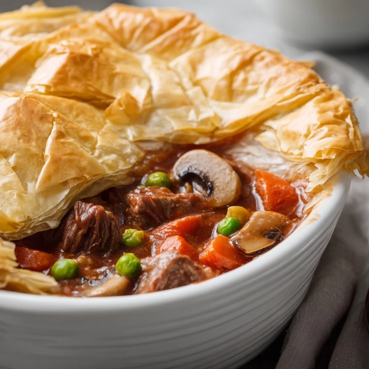 Golden-brown Beef Pot Pie with puff pastry top rests on a rustic wooden table, steam rising from the savory filling.