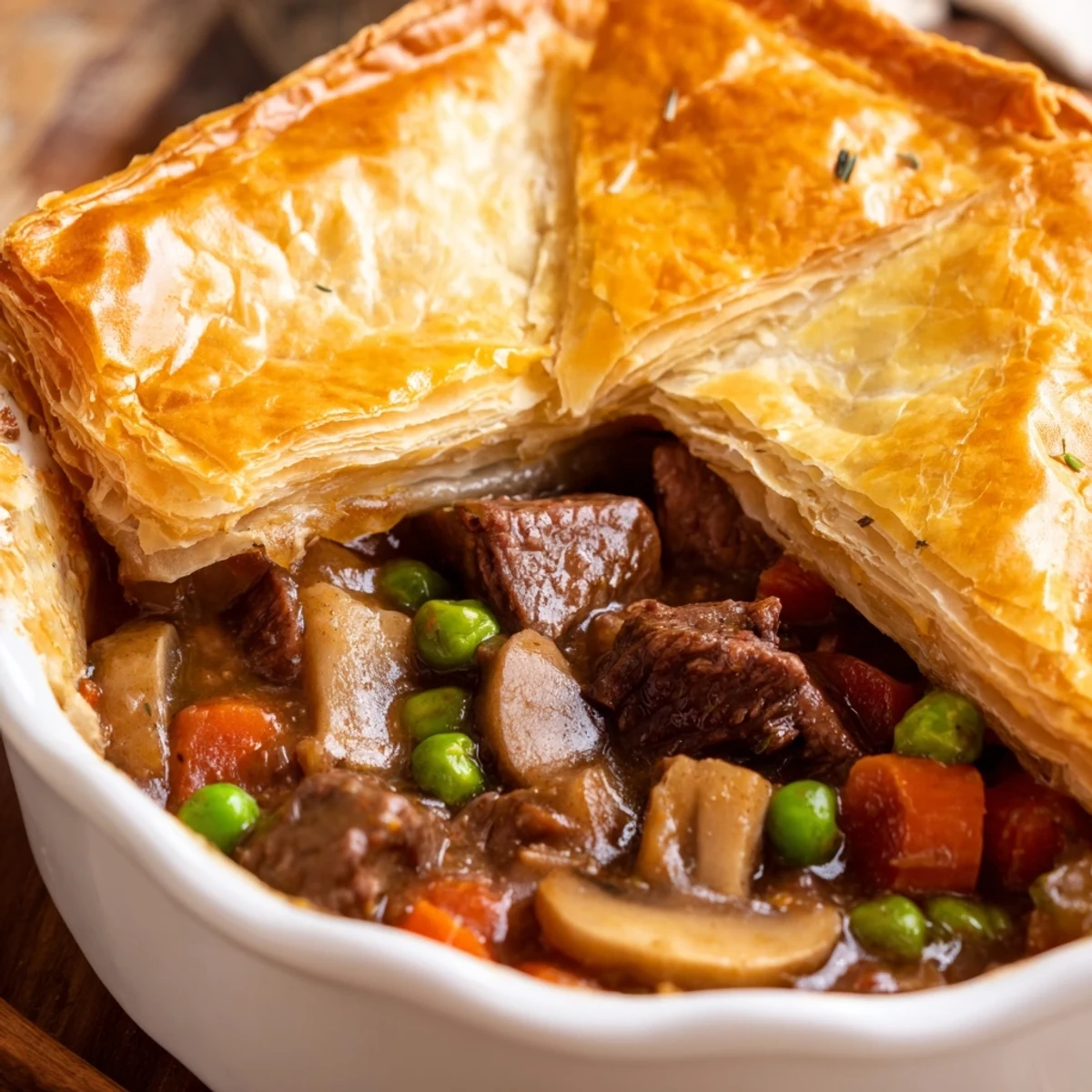 A close-up view shows flaky puff pastry on Beef Pot Pie, revealing tender beef chunks and vegetables inside the crust.