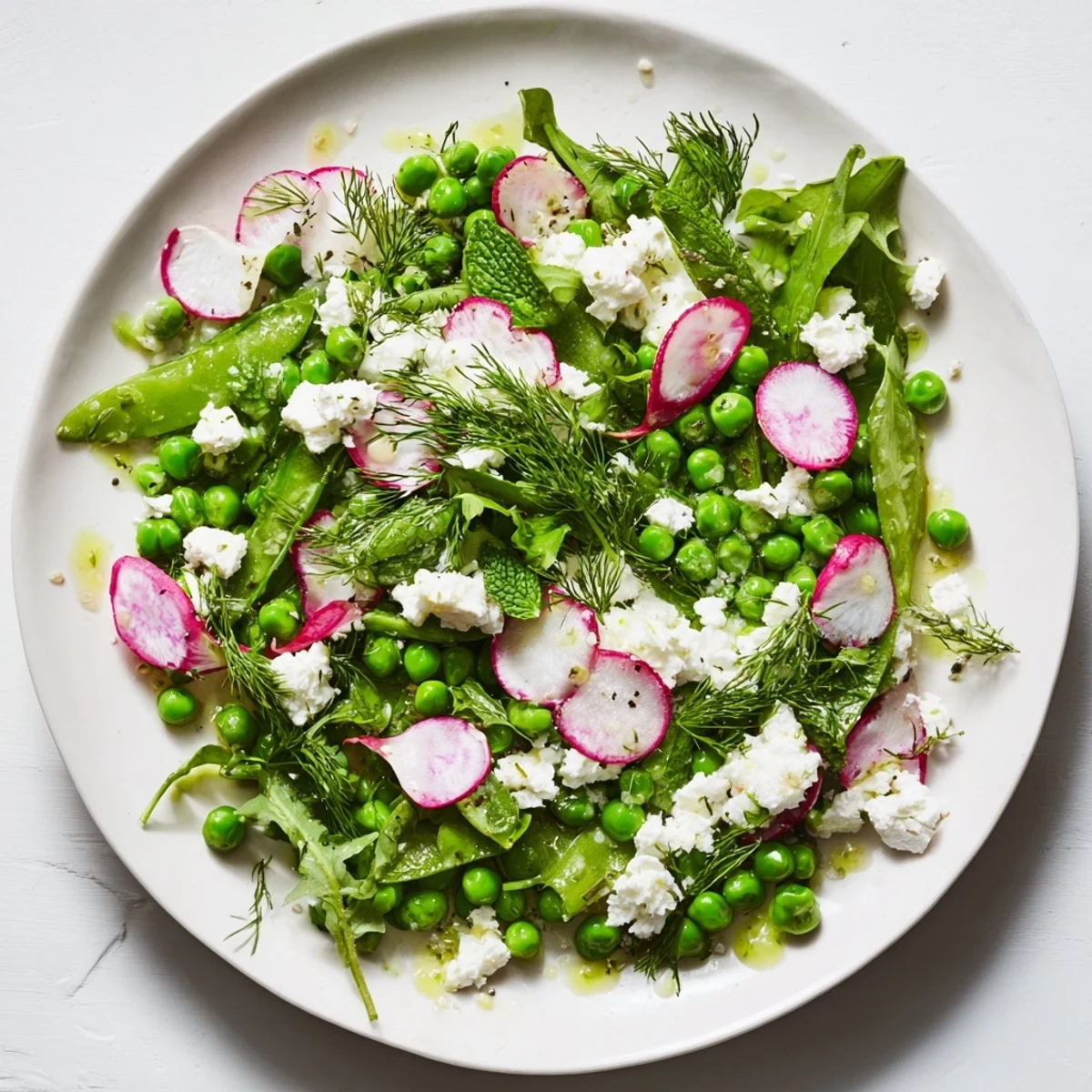 Fresh green peas, sliced radishes, and crumbled feta in Spring Pea Salad with Radishes and Feta, dressed with lemon-herb vinaigrette.