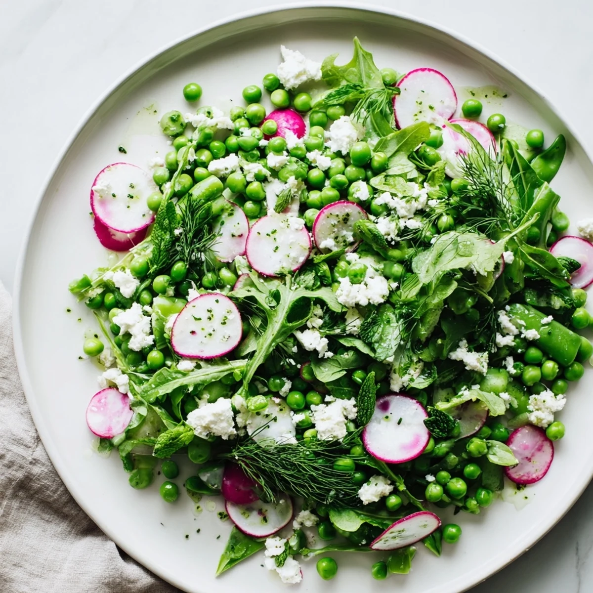 Spring Pea Salad with Radishes and Feta sits on a white plate, mint and dill leaves visible, perfect for a light lunch.