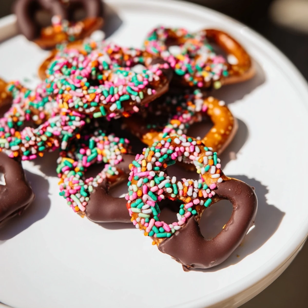 Pretzel twists half-dipped in creamy melted chocolate, sprinkled with pastel colors, displayed on a baking sheet.