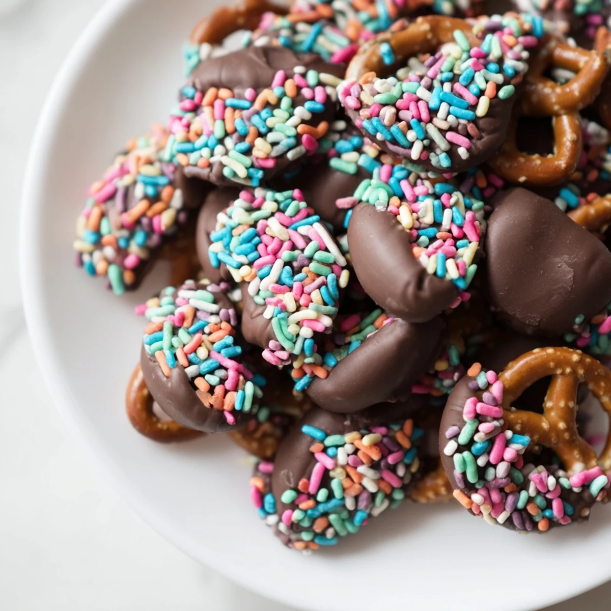 Chocolate covered pretzels with pastel sprinkles arranged on parchment paper, ready for a sweet snack or gift.