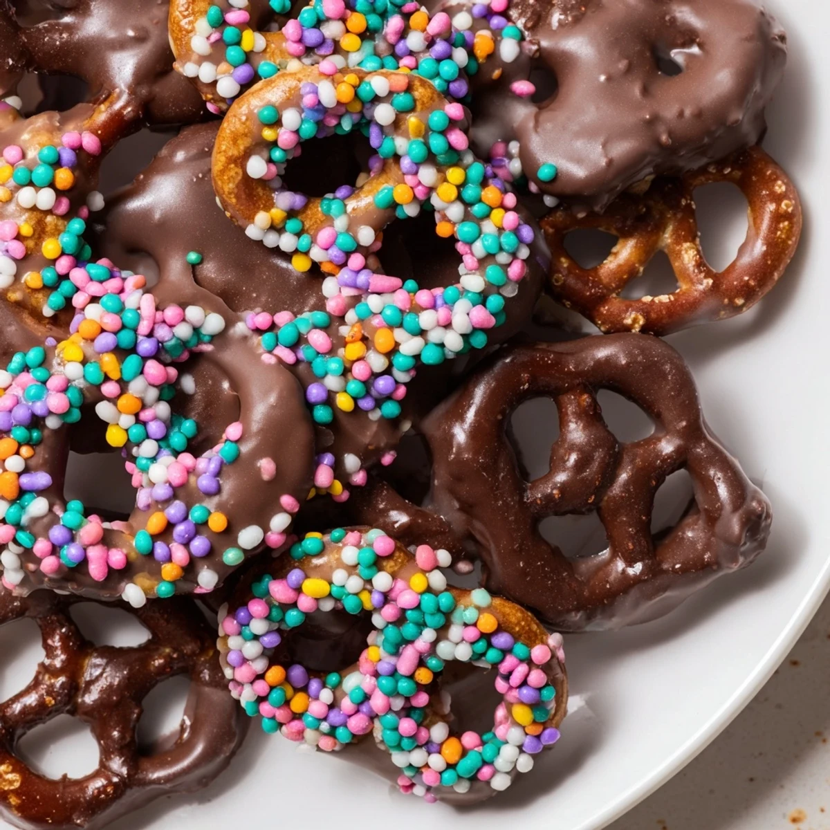 Close-up of chocolate covered pretzels with pastel sprinkles, glossy finish and crunchy texture for party treats.