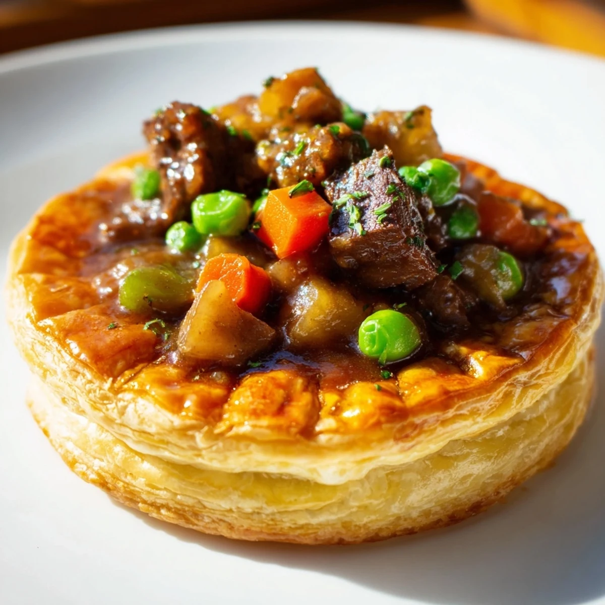 Freshly baked Beef Pot Pie with Puff Pastry Top emerges golden and flaky from the oven, revealing a savory beef filling with tender vegetables in a rich gravy.