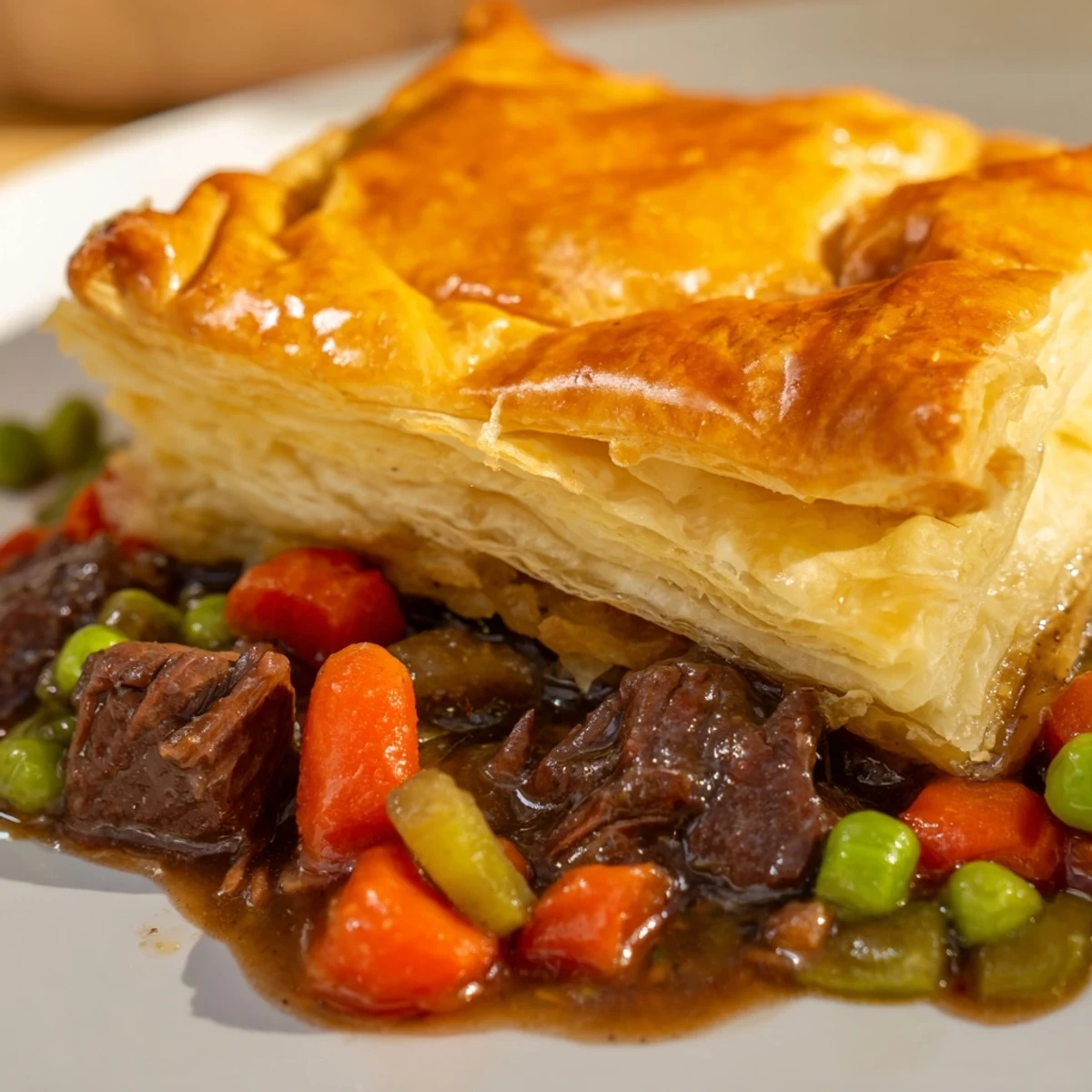 Sliced wedge of Beef Pot Pie with Puff Pastry Top shows tender beef chunks, peas, and carrots in thick gravy beneath a crispy, buttery pastry crust.