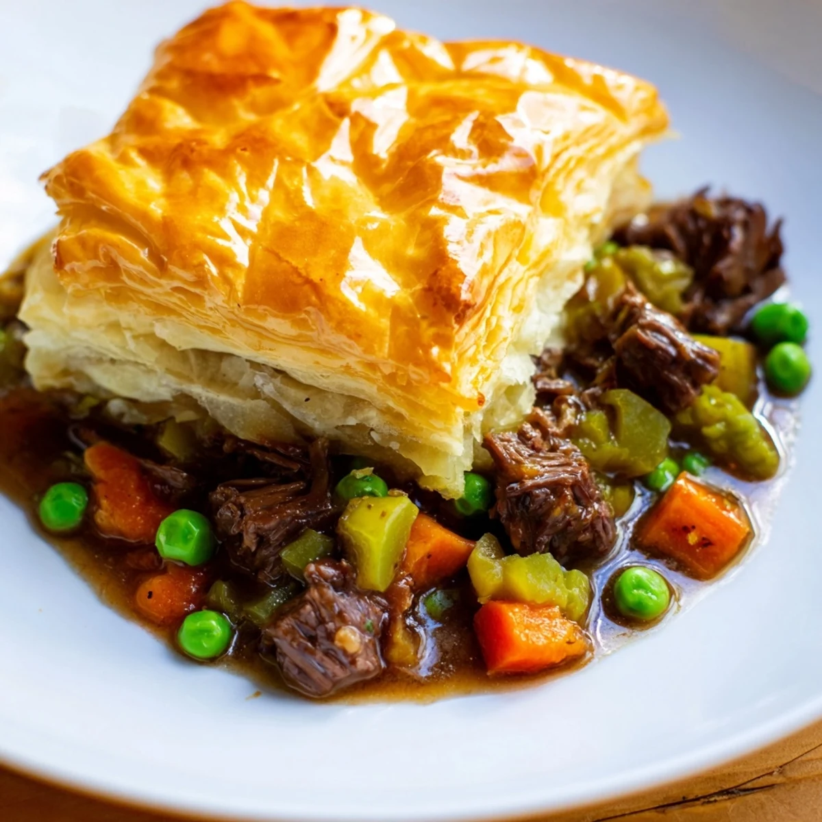 A warm serving of Beef Pot Pie with Puff Pastry Top sits beside a green salad, perfect for a cozy American family dinner on a chilly evening.