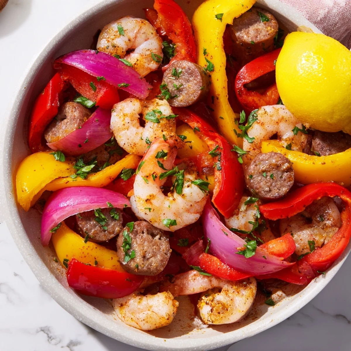 Sizzling Cajun Shrimp and Beef Sausage Skillet with colorful peppers and onions in a cast iron pan.