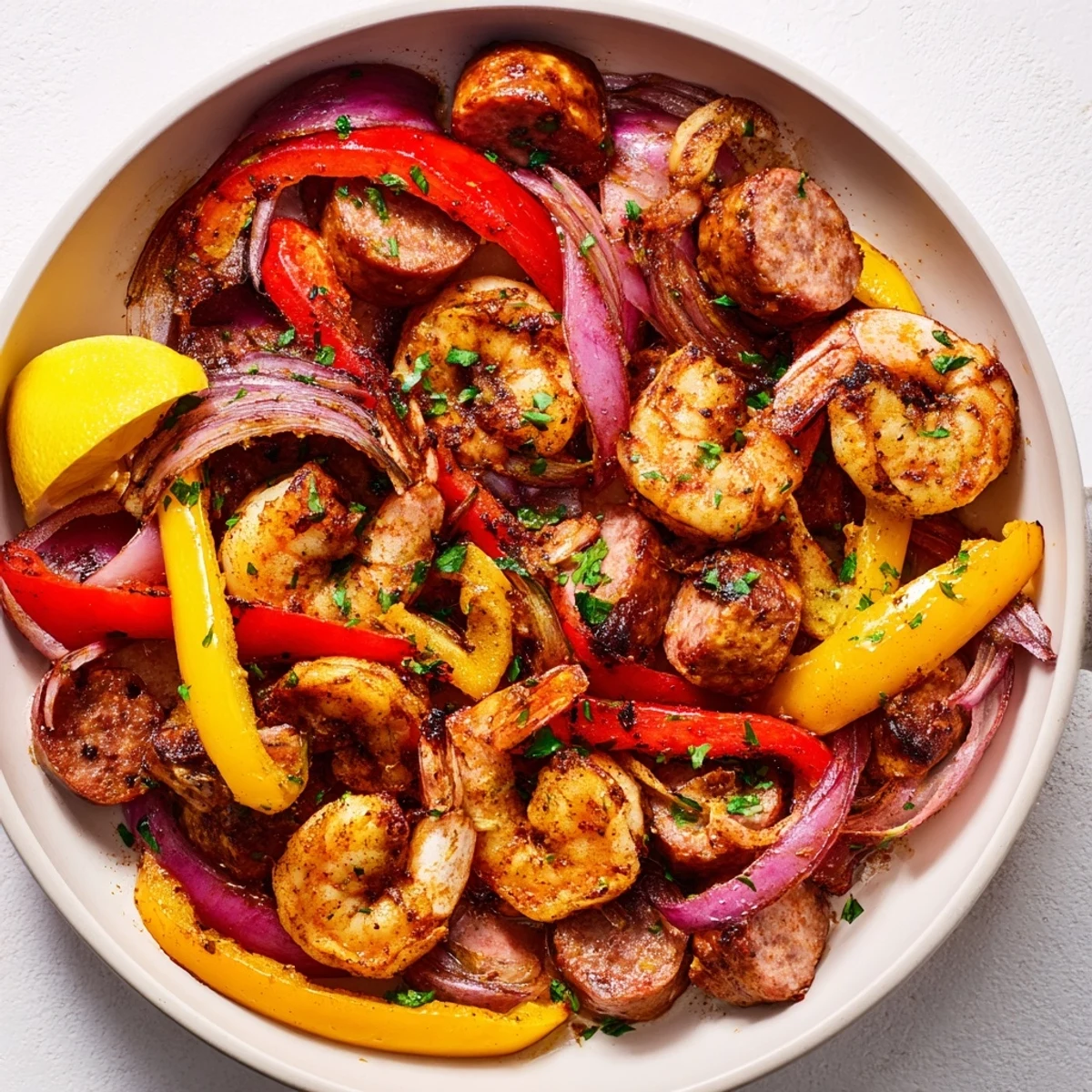 Cajun Shrimp and Beef Sausage Skillet served hot over fluffy white rice with lemon wedges.