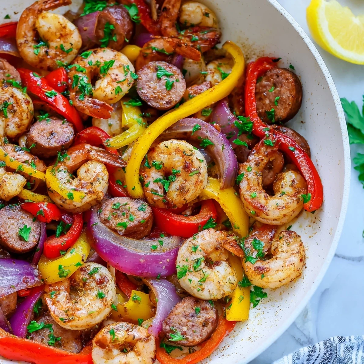 Freshly cooked Cajun Shrimp and Beef Sausage Skillet garnished with parsley, ready for a weeknight dinner.