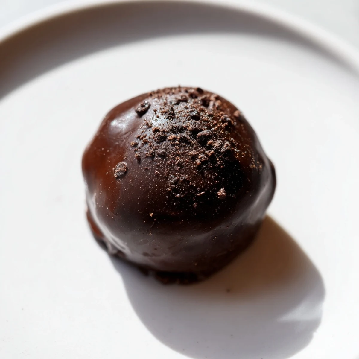 Close-up of glossy, dark chocolate coated Irish Cream Truffles arranged on parchment, dusted with cocoa.