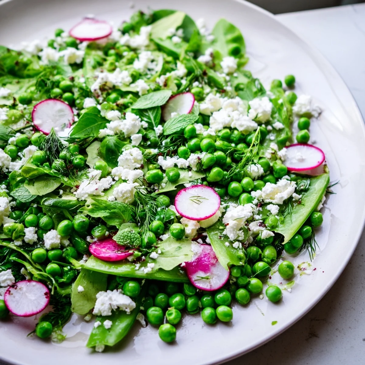 Fresh Spring Pea Salad with Radishes and Feta served in a white bowl, showing bright green peas and pink radish slices.