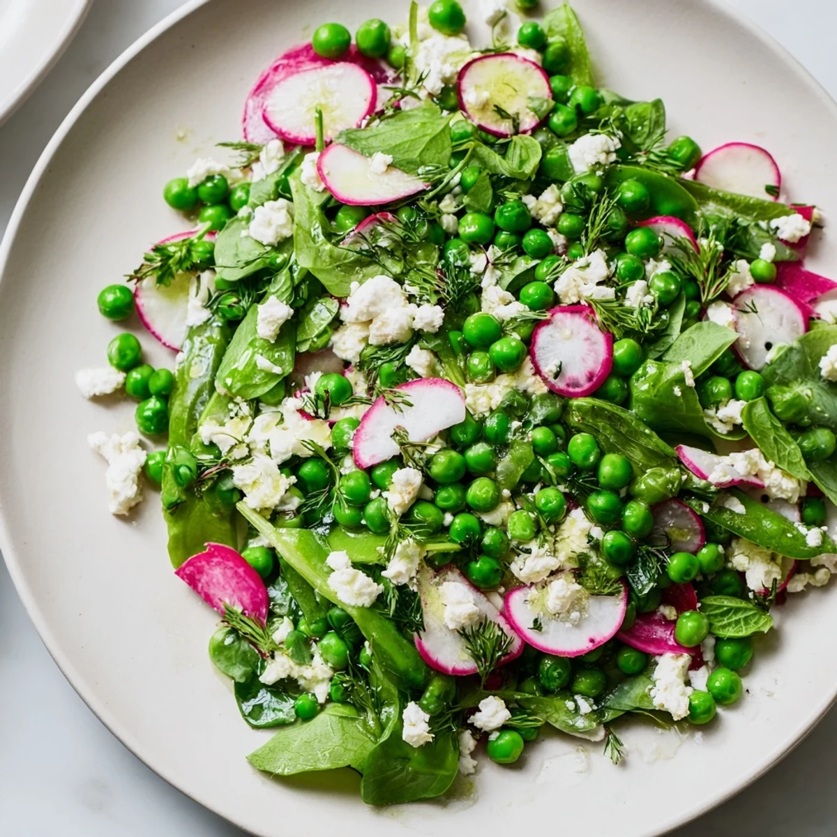 A close-up of Spring Pea Salad with Radishes and Feta, highlighting creamy feta crumbles and a zesty lemon-herb dressing.
