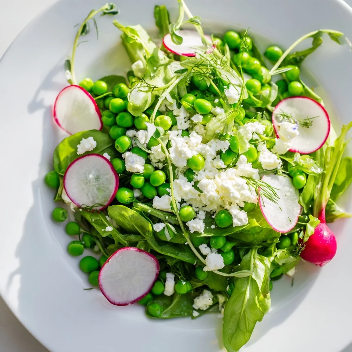 Spring Pea Salad with Radishes and Feta on a wooden table, perfect for a light lunch or colorful side dish.