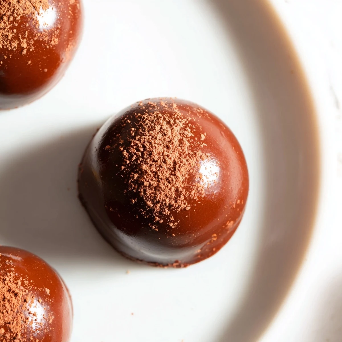 Smooth, glossy Irish Cream Truffles coated in dark cocoa powder, arranged neatly on parchment paper for dessert gifting.