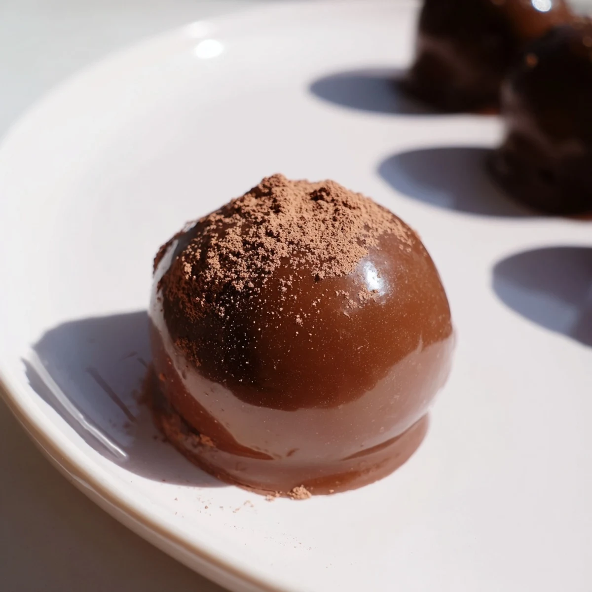 A close-up of rich, non-alcoholic Irish Cream Truffles with a creamy center and rolled in cocoa powder.