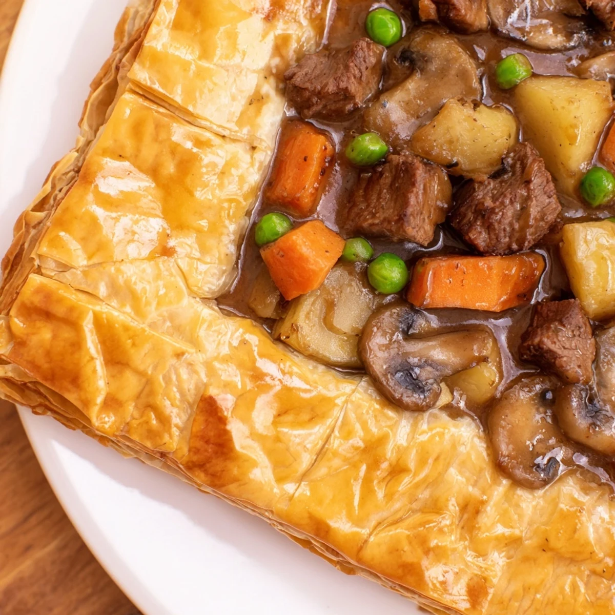 Golden, flaky puff pastry tops a bubbling Beef Pot Pie with tender beef chunks and colorful veggies in rich gravy.
