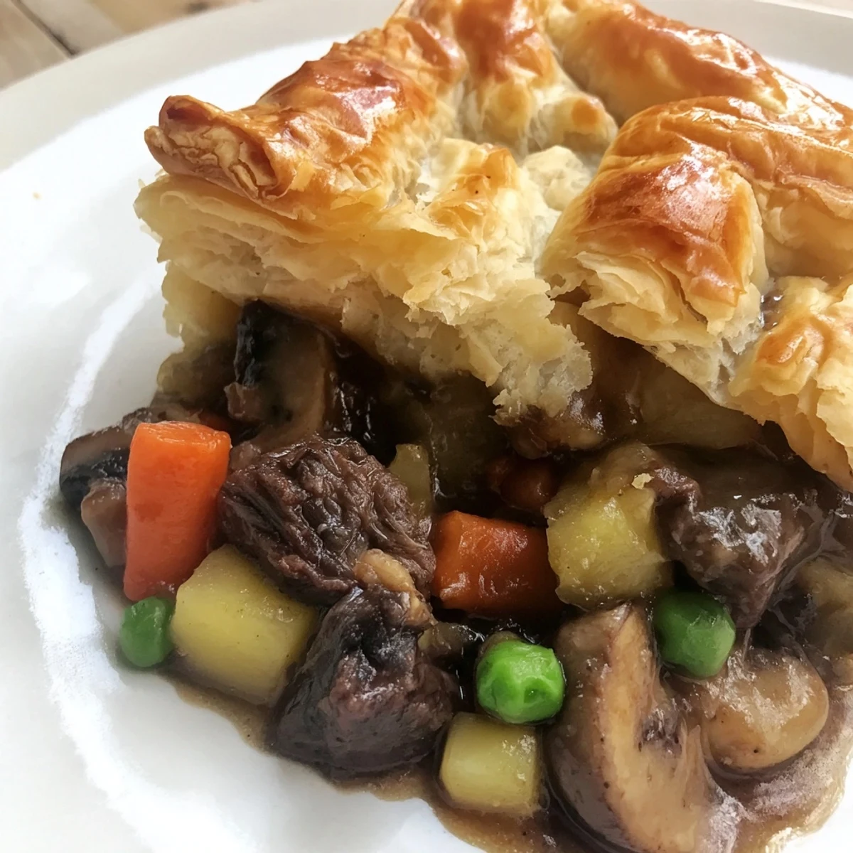 Steam rises from a hearty Beef Pot Pie served on a ceramic plate, with golden puff pastry and a green salad.