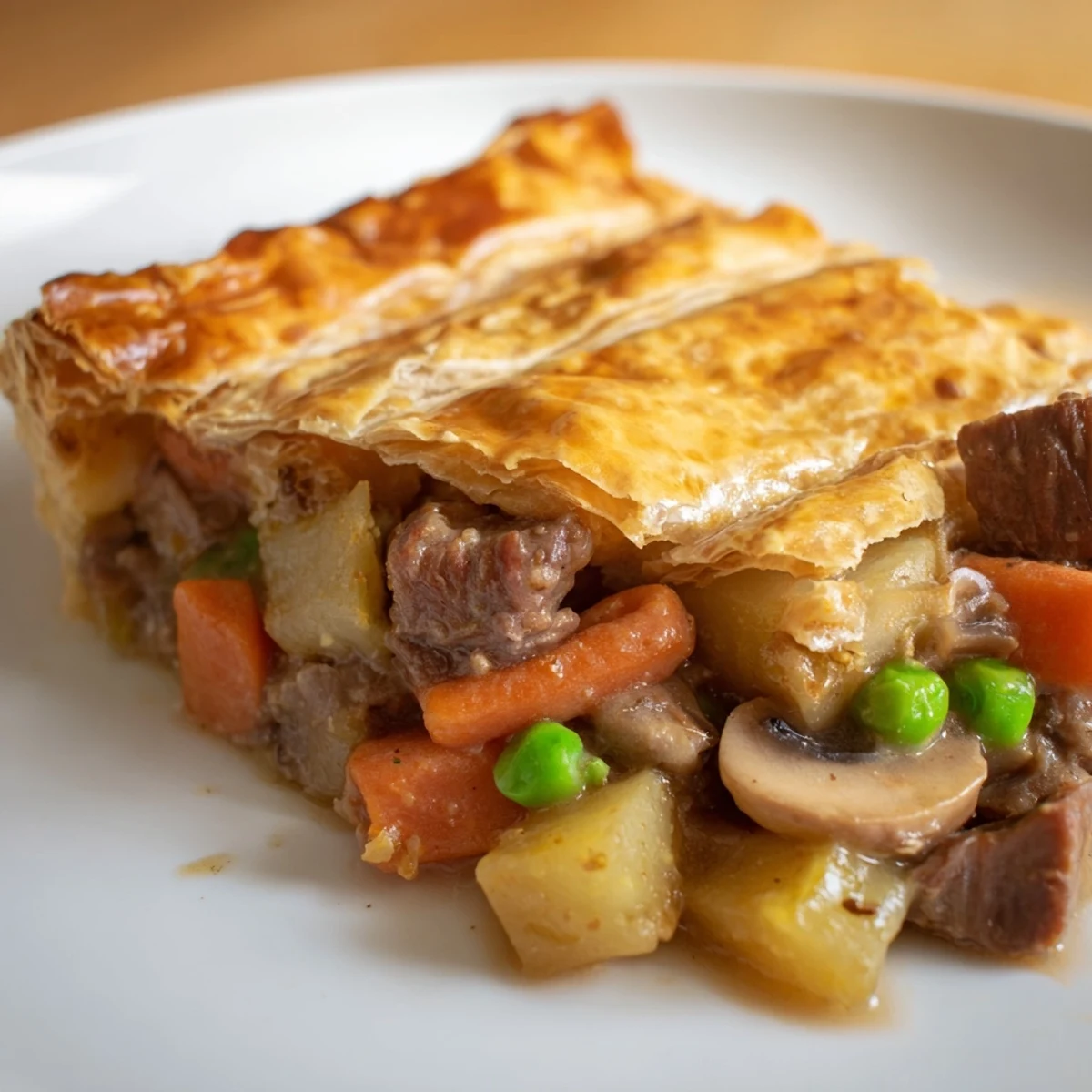 Close-up view of Beef Pot Pie showing flaky crust, savory beef, peas, carrots, and potatoes in a rich, glossy gravy.