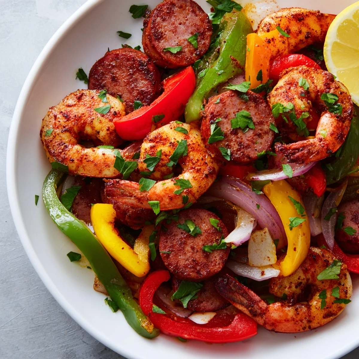 Cajun Shrimp and Sausage Skillet sizzles with pink shrimp, browned Andouille, and colorful peppers in a spicy sauce, served hot.