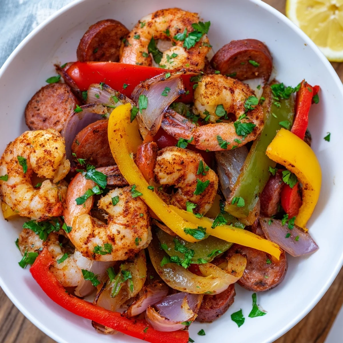One-pan Cajun Shrimp and Sausage Skillet with tender shrimp, sliced sausage, and bright peppers is garnished with parsley and fresh lemon wedges.