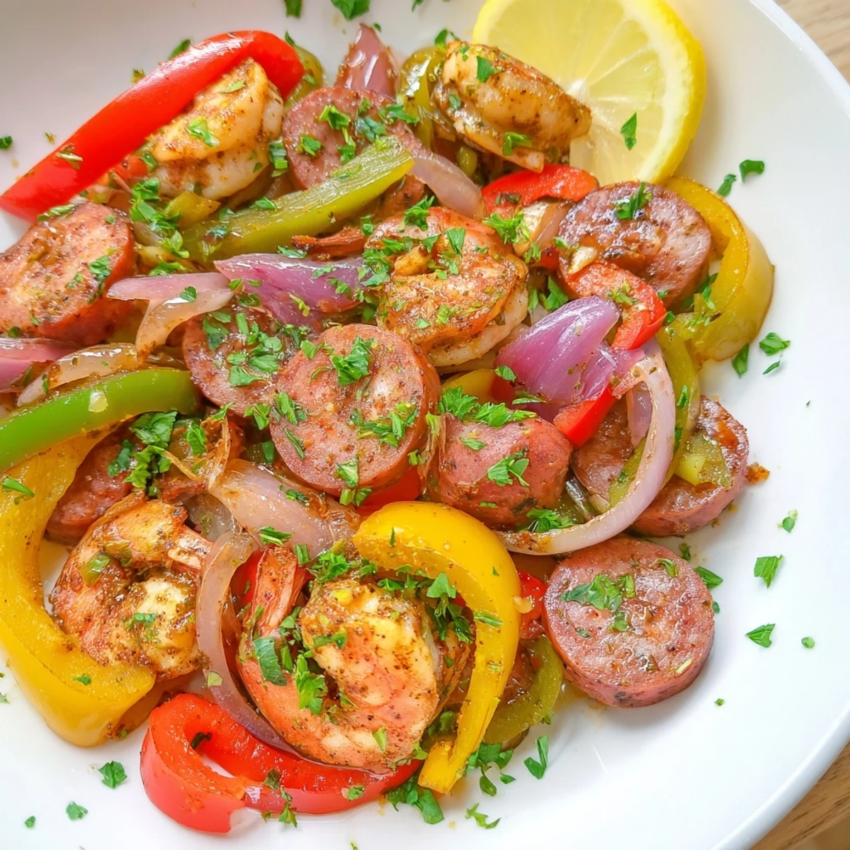 Hearty Cajun Shrimp and Sausage Skillet shows juicy shrimp, smoky sausage, and crisp vegetables glistening in a bold, Louisiana-style seasoning.