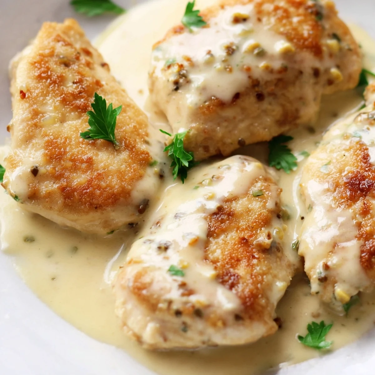 Golden-brown seared chicken breasts simmer in a creamy Boursin Chicken sauce, garnished with fresh parsley and served alongside green beans.