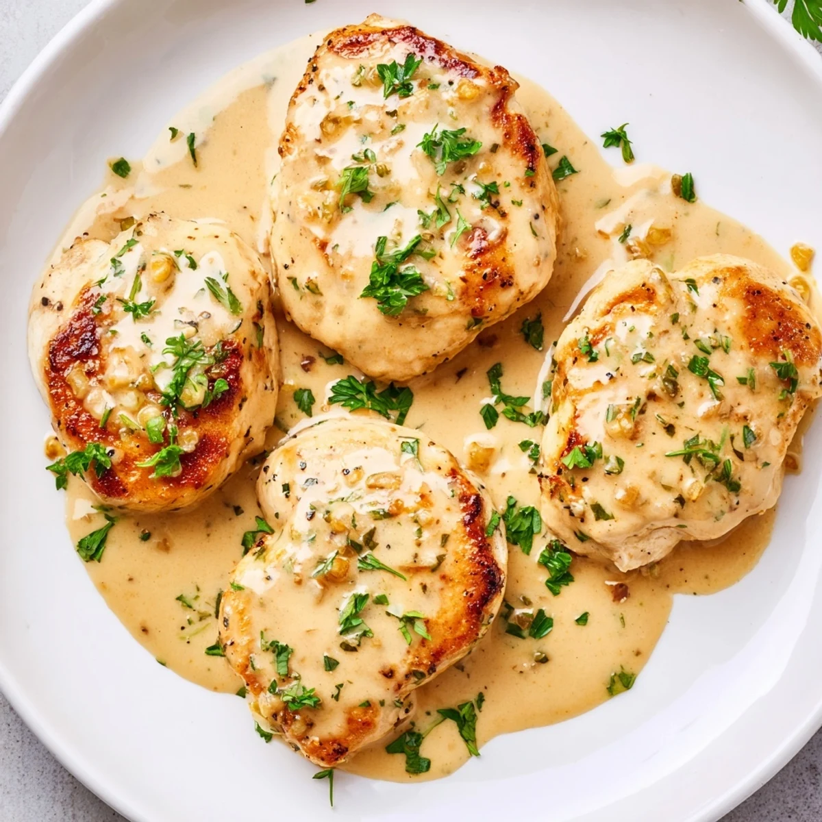 Close-up of juicy chicken breasts coated in a luscious Boursin Chicken sauce, with a sprig of thyme and steam rising.