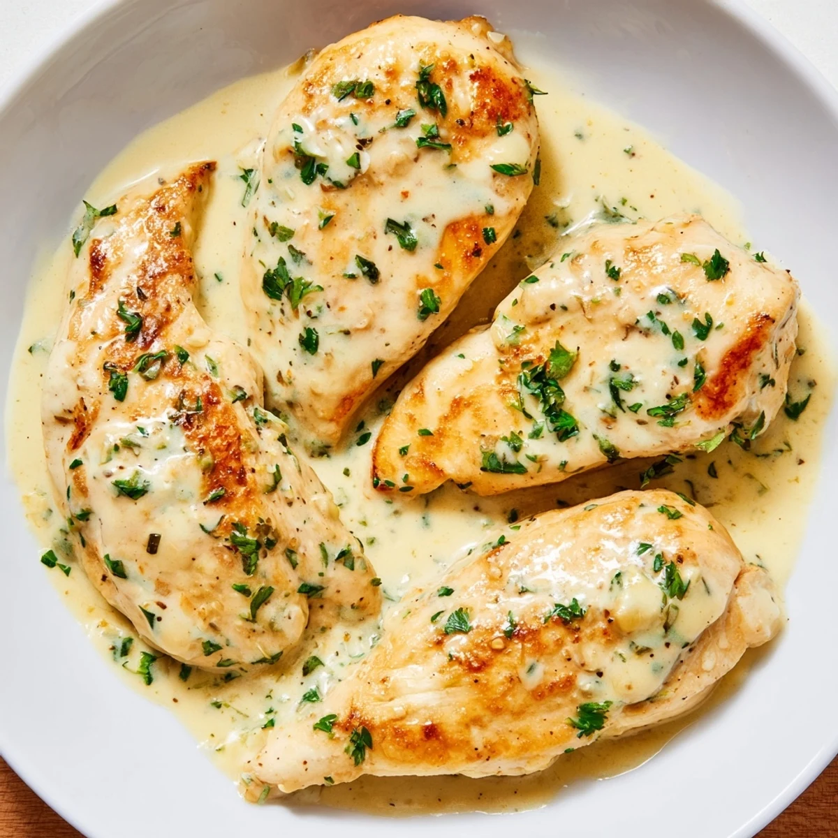 Tender chicken in a rich, garlicky Boursin Chicken sauce sits next to fluffy mashed potatoes on a rustic dinner plate.