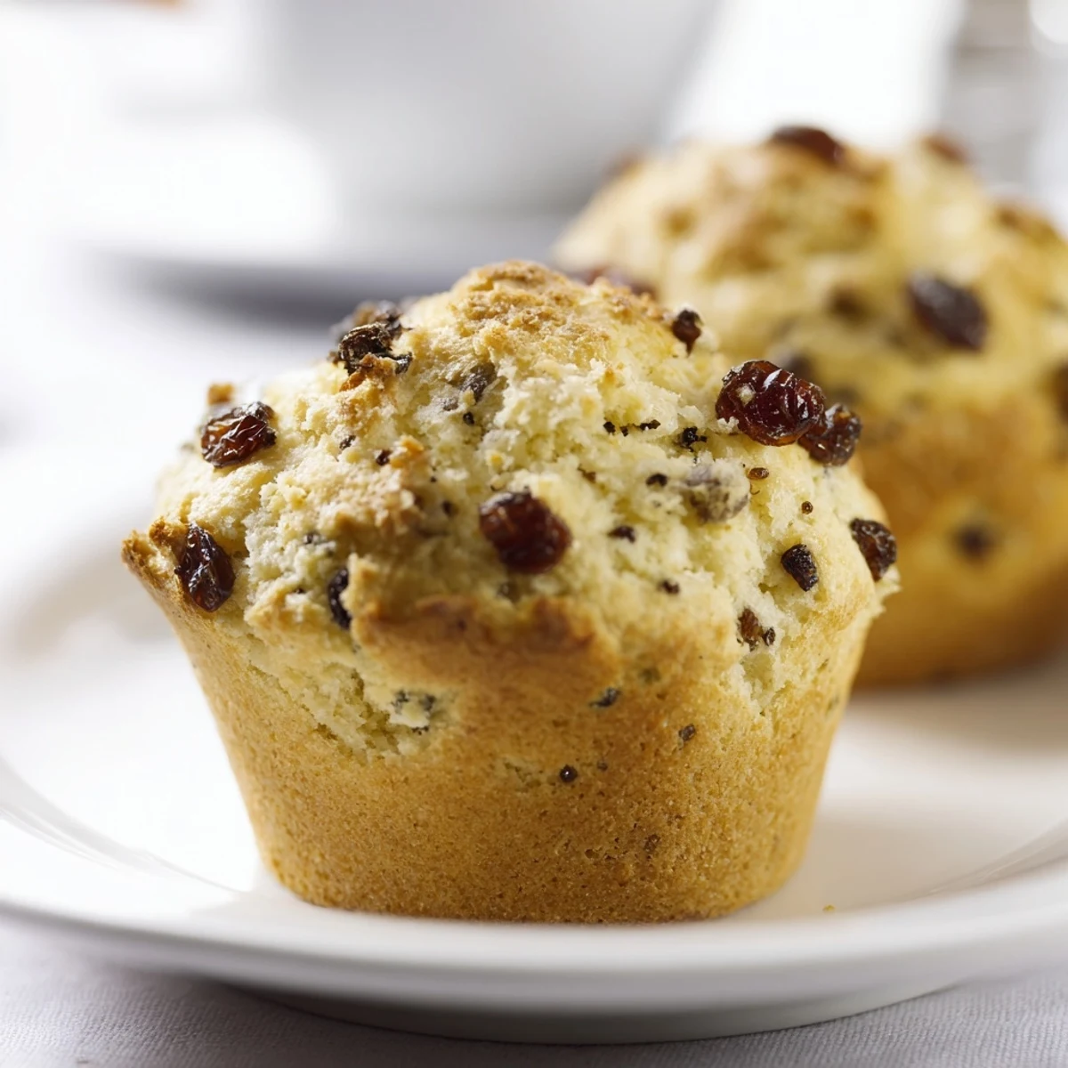 Close up of Mini Irish Soda Bread Muffins showing tender crumb texture with caraway seeds and raisins inside.