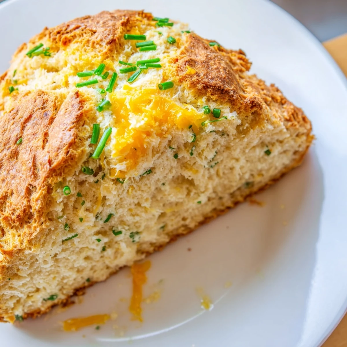 Close-up of a rustic, golden Savory Cheddar & Chive Irish Soda Bread with a cheesy crust, cut to show tender crumb and melted cheddar flecks.