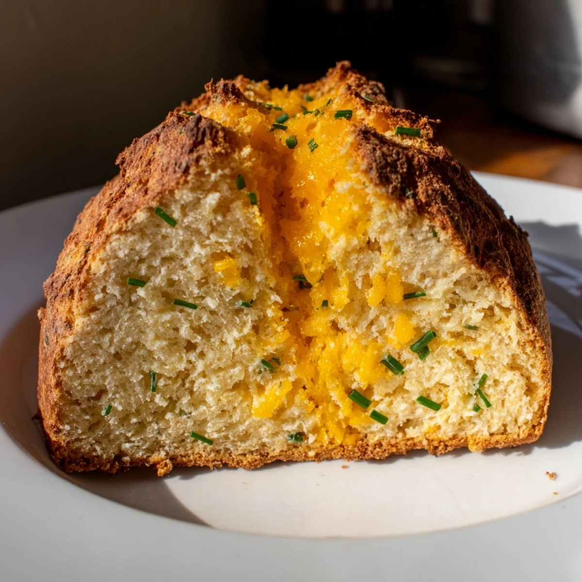Freshly baked Savory Cheddar & Chive Irish Soda Bread on a cooling rack, paired with a butter knife and small bowl of chives for serving.