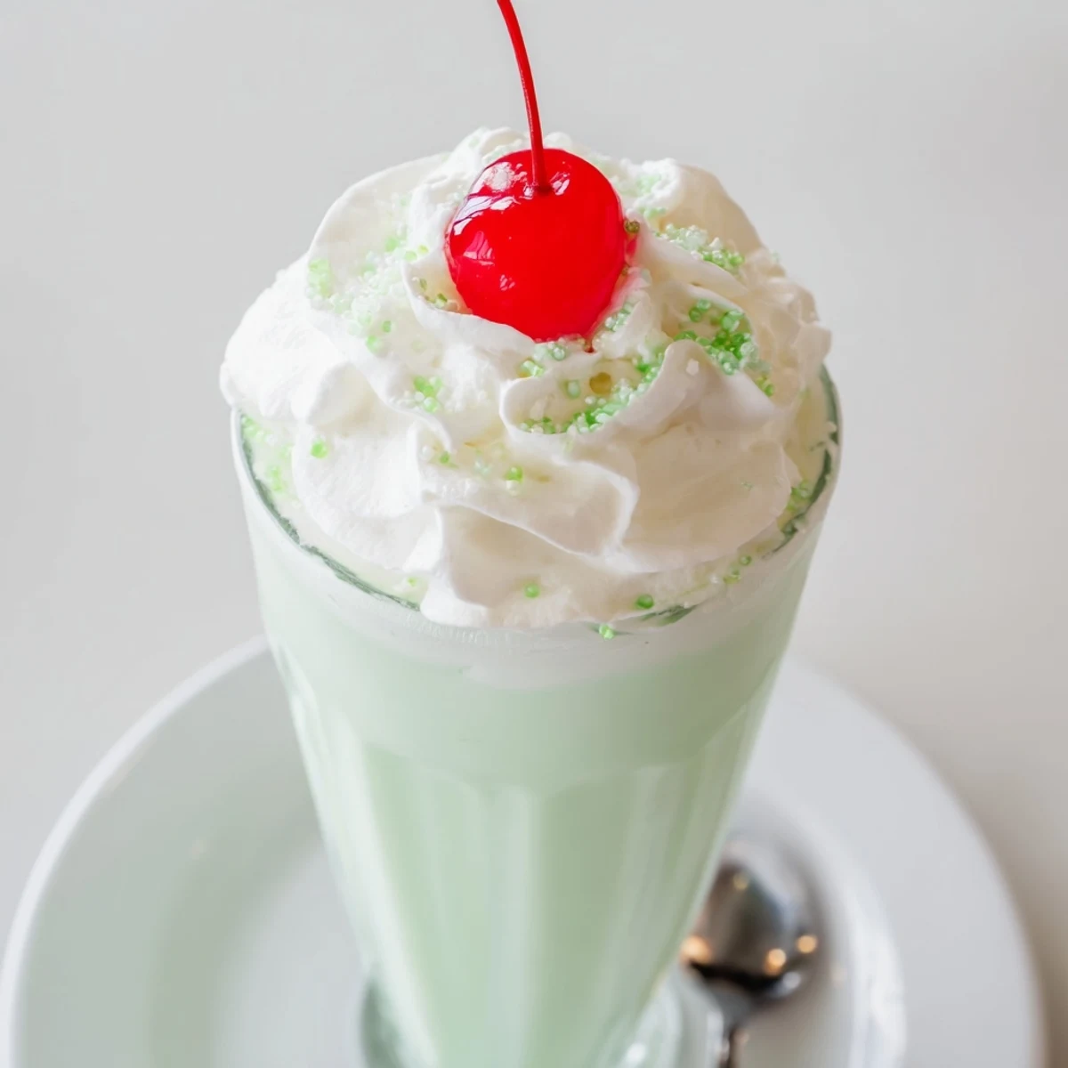 The finished Homemade Copycat Shamrock Shake is poured into a tall glass, topped with whipped cream and green sprinkles.