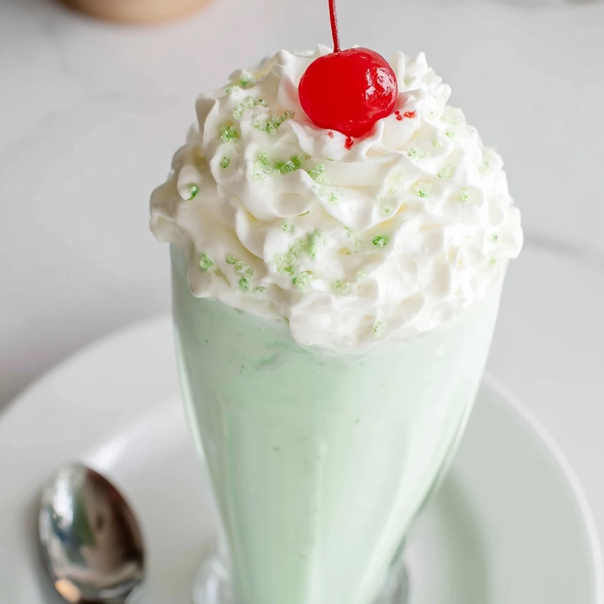 A chilled glass of creamy Homemade Copycat Shamrock Shake sits next to a blender and fresh mint leaves on a table.