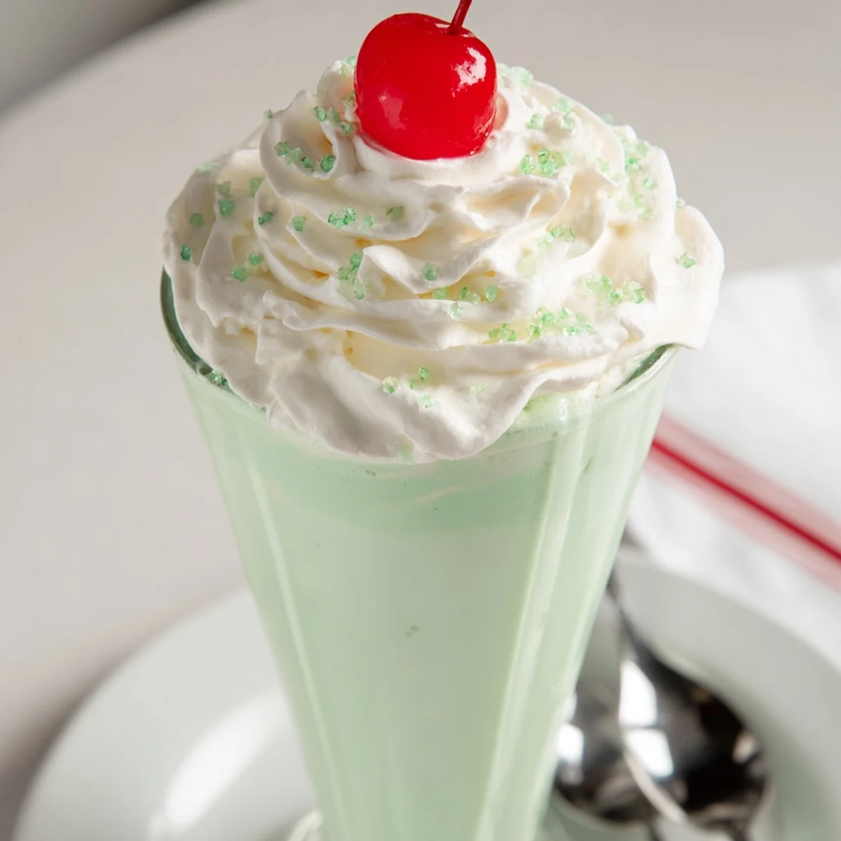 Close-up view of a Homemade Copycat Shamrock Shake featuring whipped cream and a bright maraschino cherry on top.