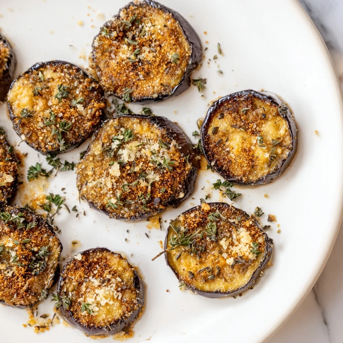 Mediterranean Roasted Eggplant & Parmesan Crisps glistening with olive oil and herbs, ready to be enjoyed with fresh lemon wedges.