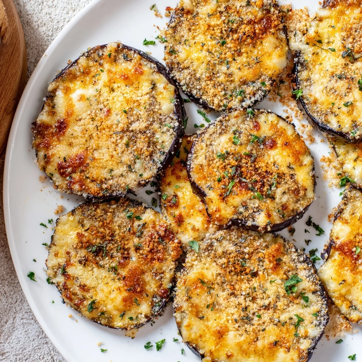 Golden roasted eggplant slices topped with crispy, savory Parmesan and Mediterranean herbs, served warm as an elegant appetizer.