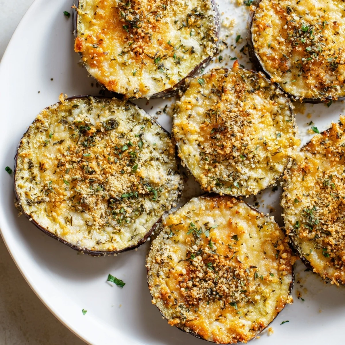 Savory Mediterranean Roasted Eggplant & Parmesan Crisps stacked on a platter, offering a crunchy texture and rich, cheesy aroma.