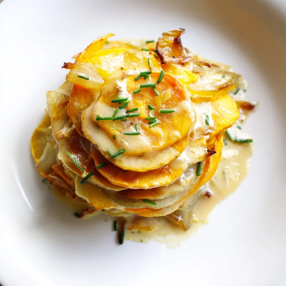 Golden slices of sweet potato layered with caramelized onions and melted Gruyère in the Cheesy Sweet Potato Gratin with Caramelized Onions Delight.