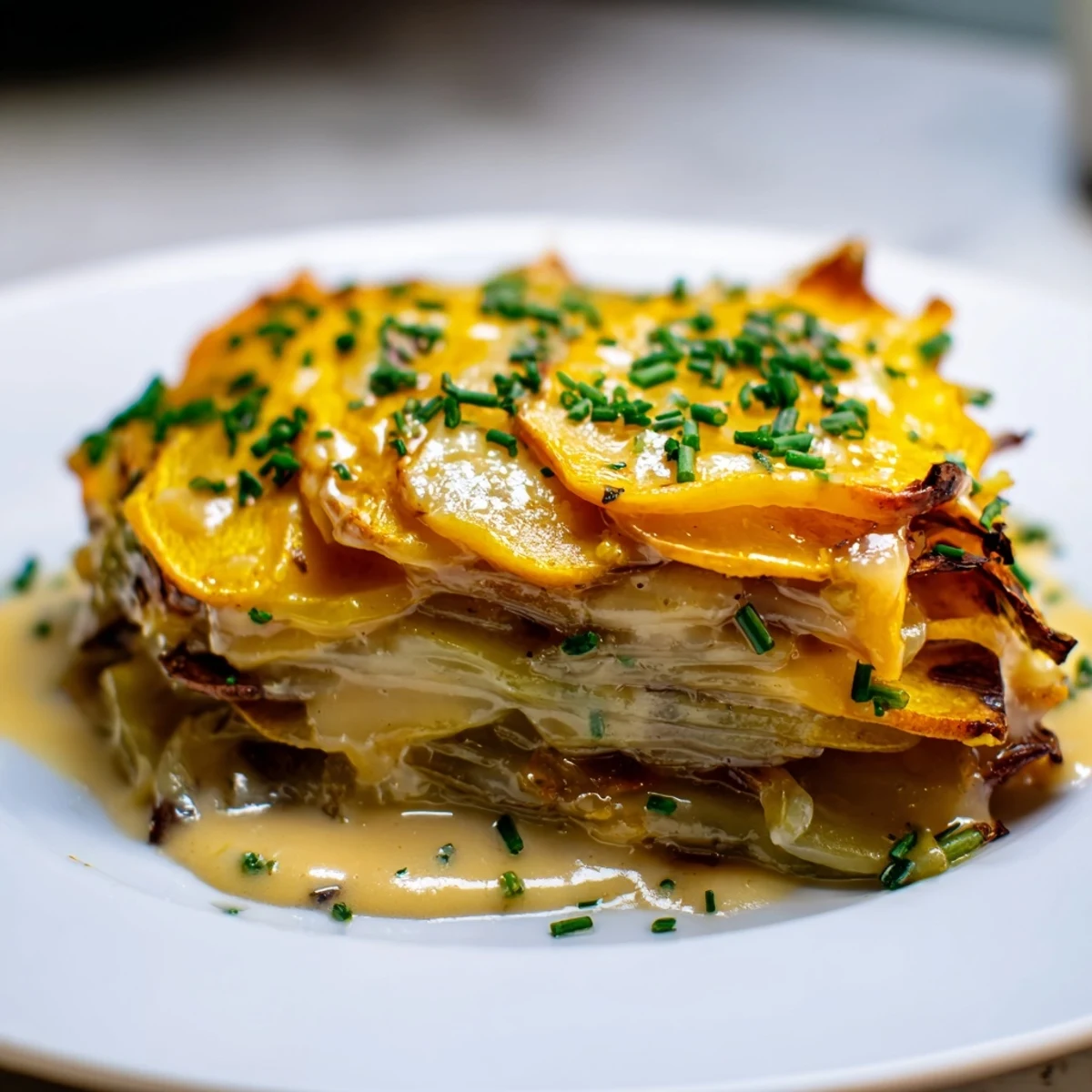 A close-up of the bubbling, baked Cheesy Sweet Potato Gratin with Caramelized Onions Delight, garnished with fresh chives.