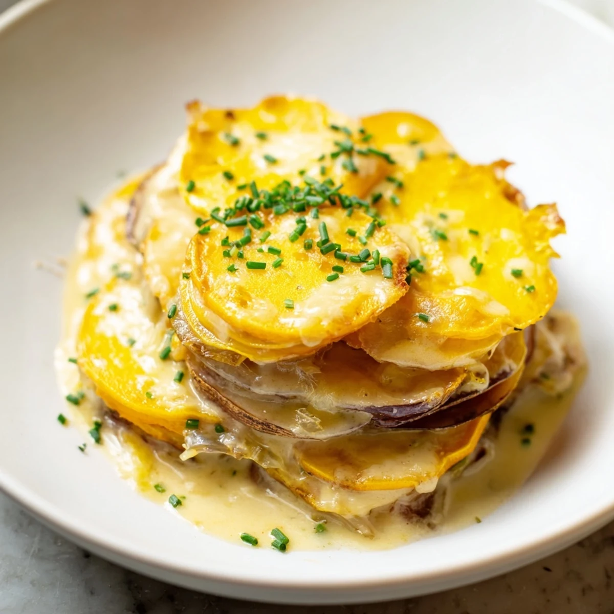 Rich, gluten-free Cheesy Sweet Potato Gratin with Caramelized Onions Delight served as a comforting side dish on a rustic table.