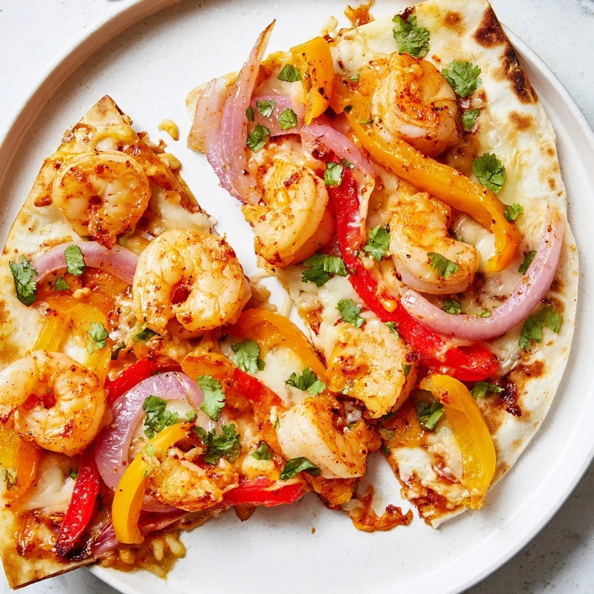 A close-up view reveals the crispy, golden tortilla edges of Shrimp Fajita Sheet Pan Quesadillas served with lime wedges and fresh cilantro.