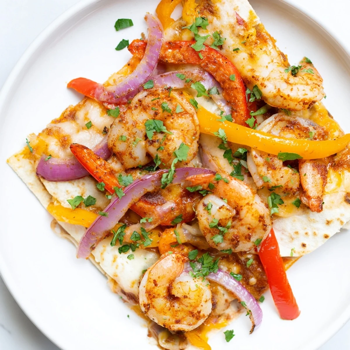 Golden-baked Shrimp Fajita Sheet Pan Quesadillas rest on a rustic wooden board, showcasing melted cheese and colorful roasted peppers.