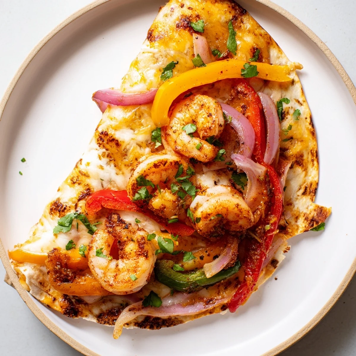 Overhead shot of Shrimp Fajita Sheet Pan Quesadillas on a sheet pan, paired with creamy avocado slices and vibrant Tex-Mex garnishes.