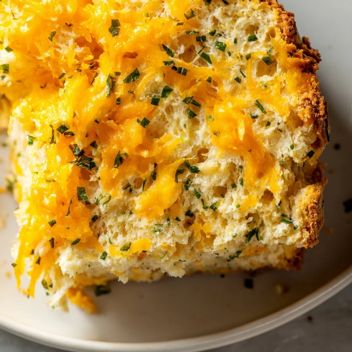A close-up of freshly baked Savory Herbed Cheddar Irish Soda Bread with a golden crust and melted cheese chunks.