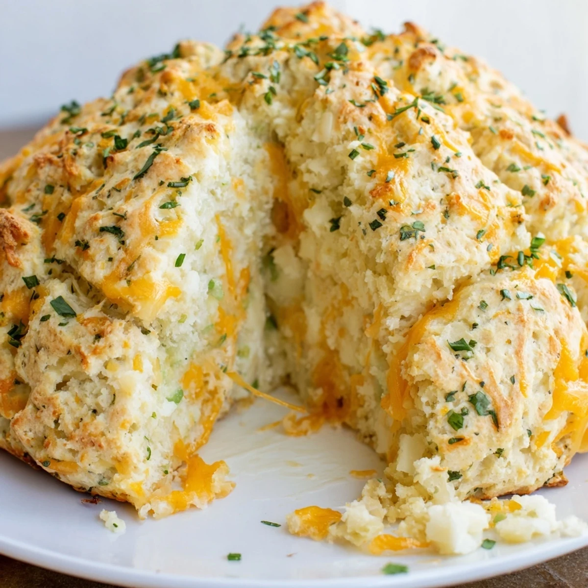 A rustic loaf of Savory Herbed Cheddar Irish Soda Bread served warm beside a steaming bowl of soup.
