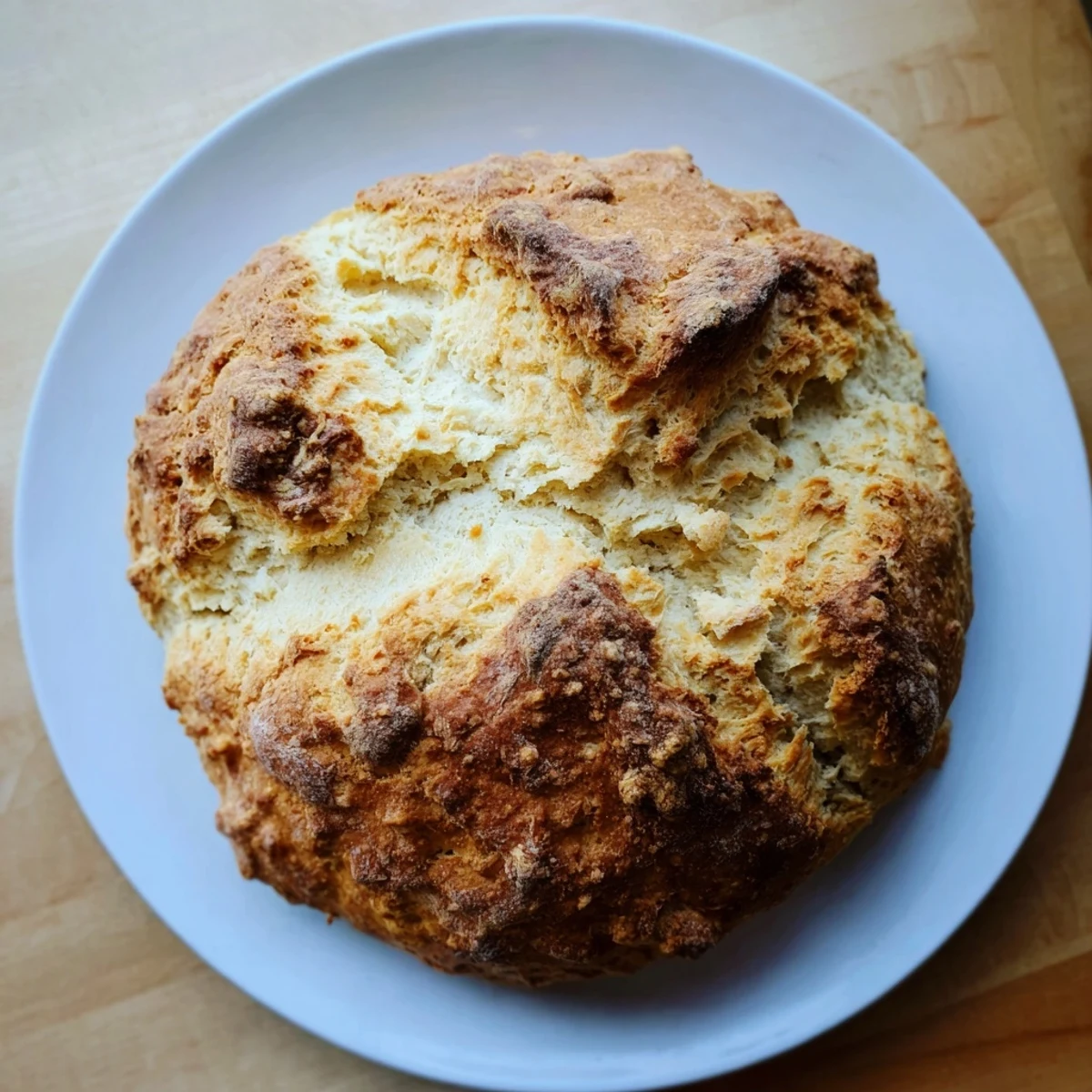 Freshly baked Authentic 4-Ingredient Irish Soda Bread with a golden crust and craggy top, served warm with salted butter on a rustic wooden table.  