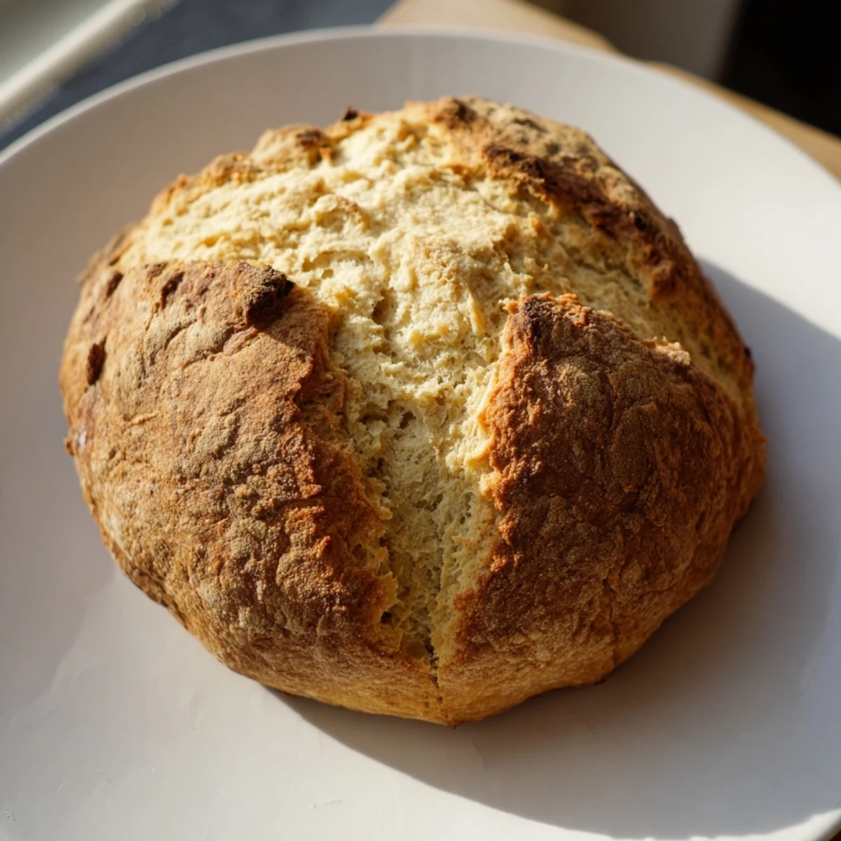 A rustic round loaf of Authentic 4-Ingredient Irish Soda Bread with deep X cuts, cooling on a wire rack after baking.