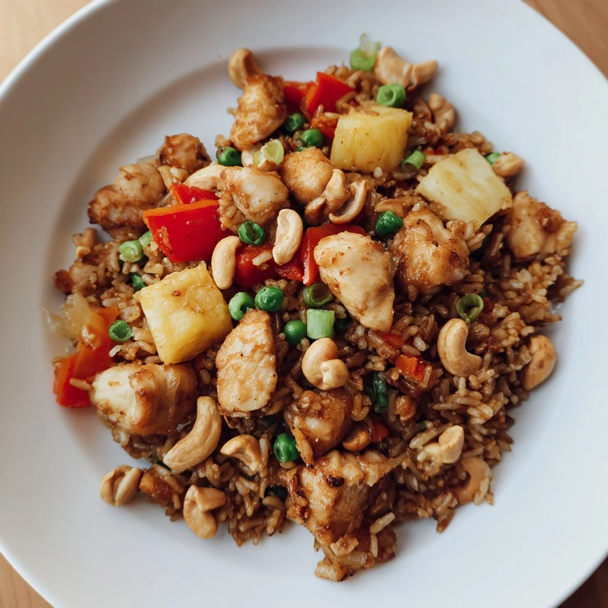 A close-up shows fluffy jasmine rice tossed with diced red bell pepper and crunchy cashews in the Pineapple Chicken Fried Rice.