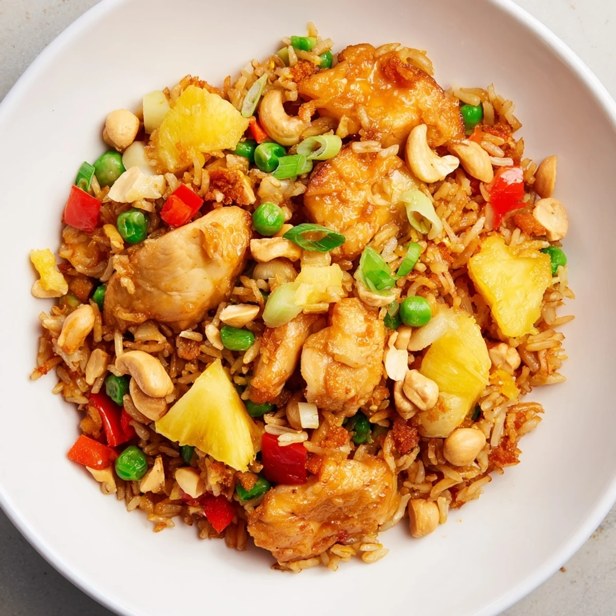 Golden pineapple chunks and tender chicken pieces glisten in this Pineapple Chicken Fried Rice with Cashews, garnished with fresh green onions.