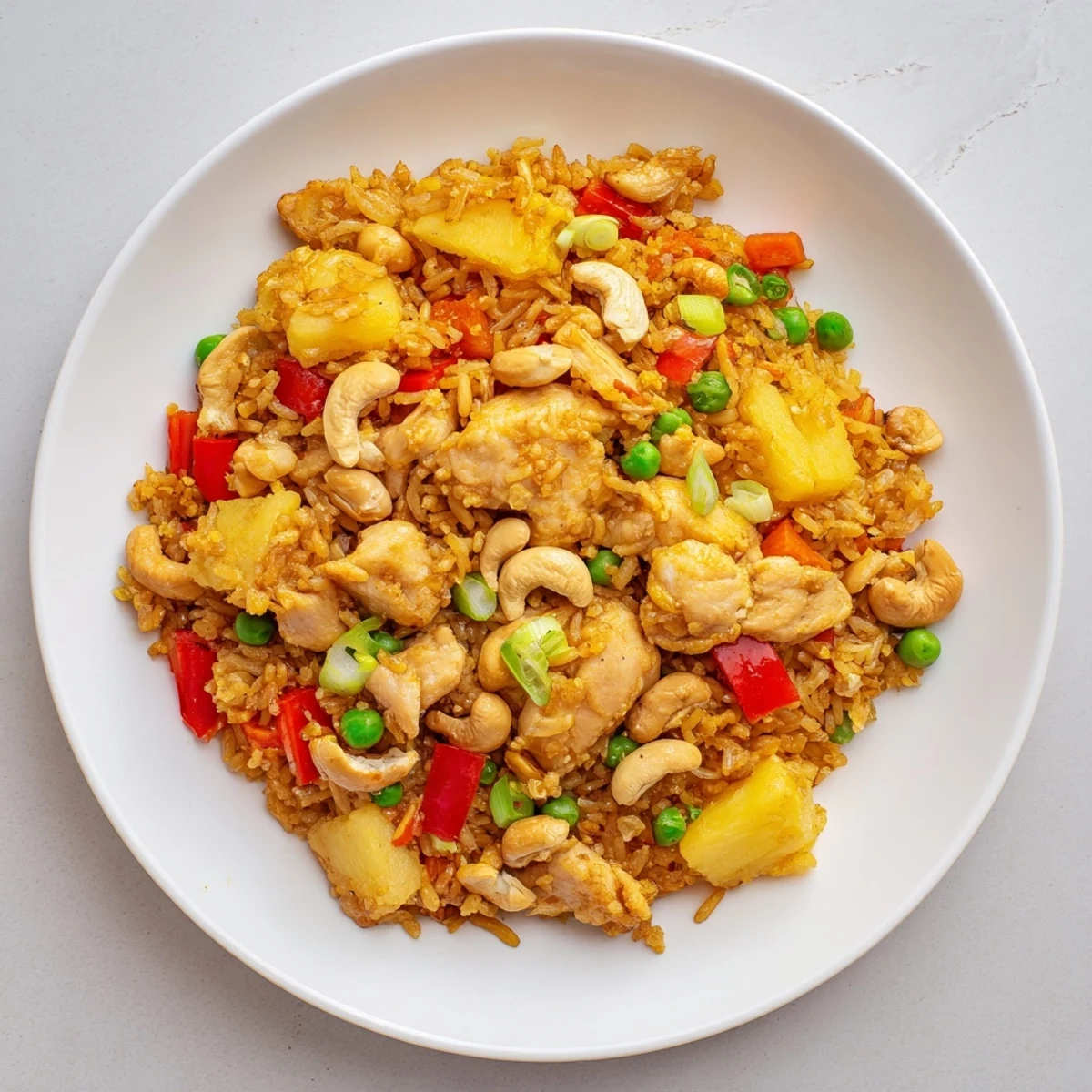 This vibrant Pineapple Chicken Fried Rice with Cashews is served with lime wedges on a light plate for a colorful presentation.